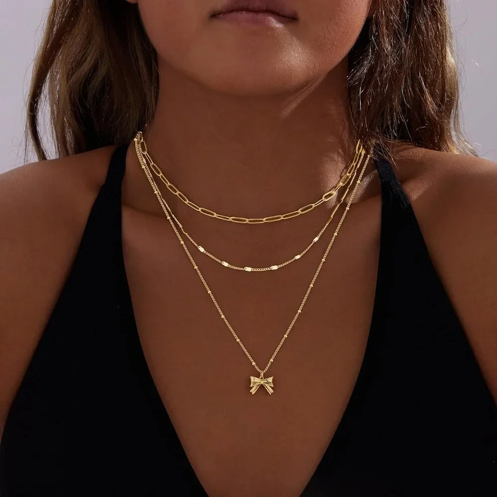 Women's Gold Plated Trendy Circle Paperclip Pendant Choker Cross Bow Necklaces